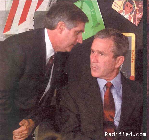 September 11, 2001. Sarasota, Florida. President Bush's reaction to the news from Chief of Staff Andrew Card.