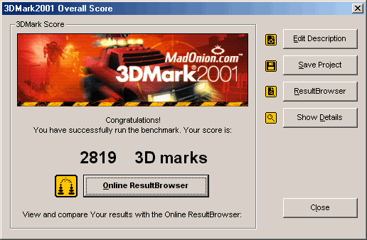 3DMark2001 benchmark of ATI Radeon DDR 32MB graphics card 1024x768x32