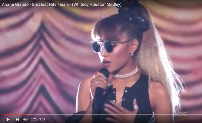 Ariana glowing while she sings a Whitney Houston medley on ABC Greatest Hits finale August 4, 2016