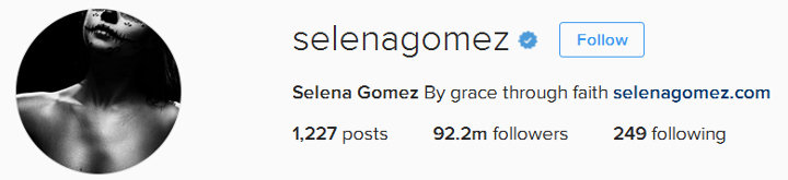 Selena Gomez Instagram page heading