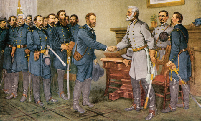 Robert E Lee surrenders to Ulysses S Grant Appomattox Court House April 9, 1865